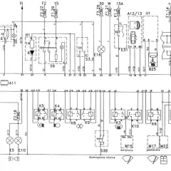 Schemat elektryczny Opla Zafiry B z zaznaczonymi bezpiecznikami i przekaźnikami.