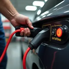 Ręka podłącza ładowarkę do samochodu elektrycznego, by naładować akumulator rozładowany do zera.