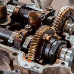 Widok mechanizmu zębatkowego, gdzie koło zmiennych faz rozrządu jest kluczowym elementem.