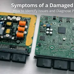 Dwa moduły ECU, jeden z widocznymi uszkodzeniami, pokazują, co to jest i jak rozpoznać problemy z tym kluczowym elementem samochodu.