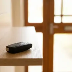 Kluczyk do samochodu leży na półce, gotowy do użycia z systemem keyless entry a keyless go.