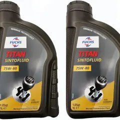 Dwa litrowe opakowania oleju FUCHS TITAN SINTOFLUID 75W-80 do manualnej skrzyni biegów. Idealny wybór, jaki olej do skrzyni biegów manualnej.