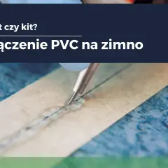 Zbliżenie na łączenie materiału PVC za pomocą igły i nici, z widocznym klejem.