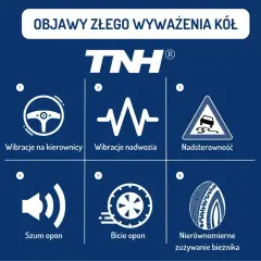 Objawy złego wyważenia kół: wibracje kierownicy, nadwozia, nadsterowność, szum opon, bicie opon i nierównomierne zużycie bieżnika. Zły kąt pochylenia koła może wpływać na te objawy.