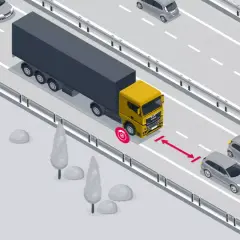 Ciężarówka z naczepą na autostradzie, z ikoną hamulca i oznaczoną odległością do poprzedzającego samochodu.