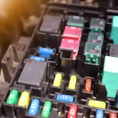 Skrzynka z bezpiecznikami Ford Focus MK2. Widoczne bezpieczniki o różnej wartości prądu, m.in. 15A, 30A, 40A.