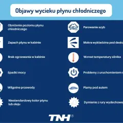 Grafika przedstawia listę objawów wycieku płynu chłodniczego z ikonami.