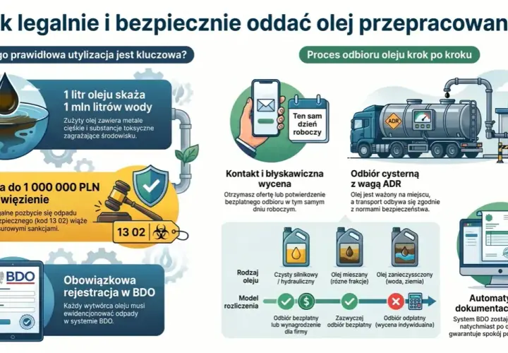 Gdzie oddać zużyty olej silnikowy? Dowiedz się o procesie odbioru, karach za nielegalne pozbycie się odpadu i obowiązkowej rejestracji w BDO.