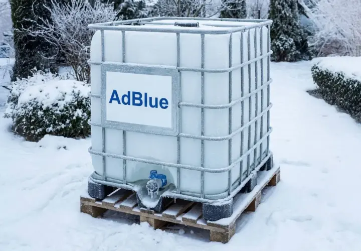 Duży zbiornik z AdBlue stoi na palecie w śniegu. Widać szron i lód, co sugeruje niską temperaturę i potencjalne problemy z zamarzaniem płynu.