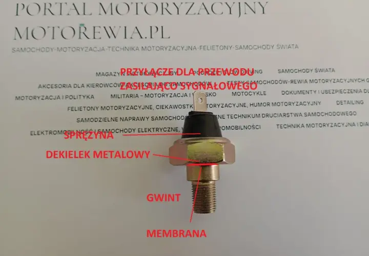 Czujnik ciśnienia oleju: metalowa obudowa, gwint, membrana i sprężyna pokazują, jak działa.