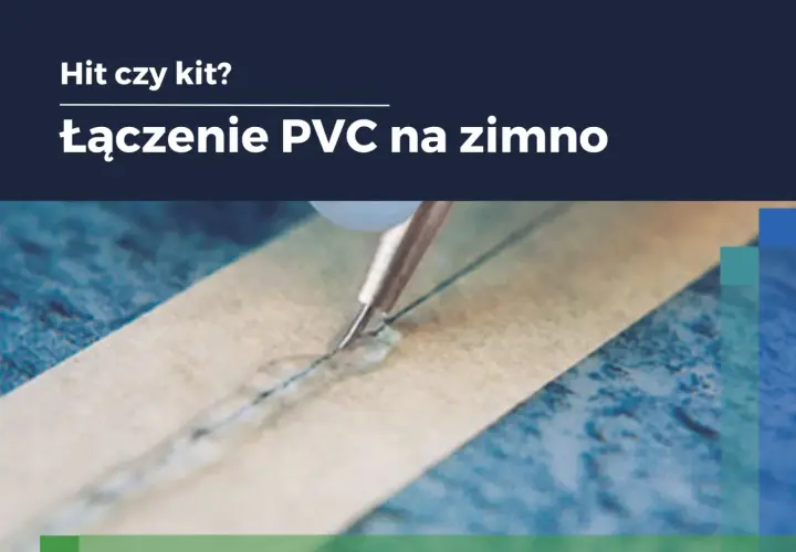 Zbliżenie na łączenie materiału PVC za pomocą igły i nici, z widocznym klejem.
