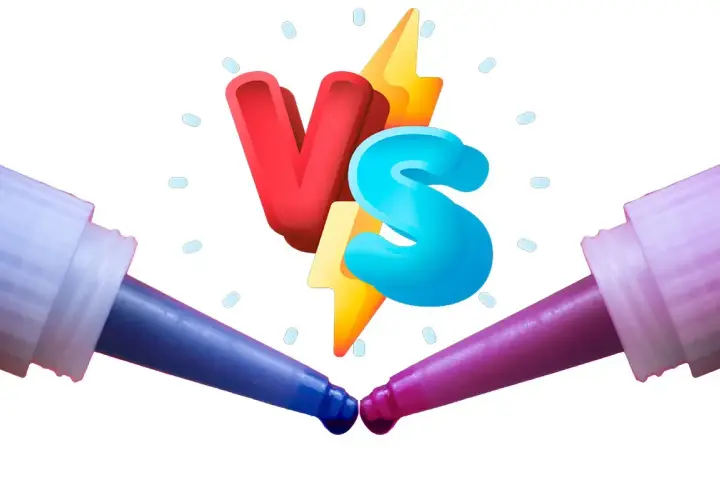 Dwa aplikatory kleju do gwintów (niebieski i fioletowy) z kroplami na końcach, symbol "VS".