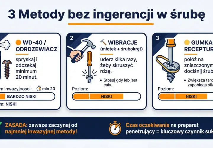 Ilustracja przedstawia 3 metody odkręcania zapieczonych śrub: WD-40, wibracje i gumka recepturka.