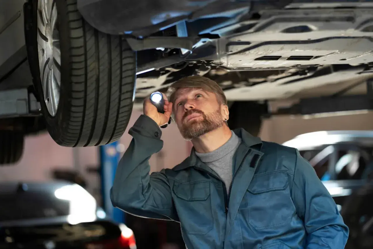 Mechanik bada podwozie auta, szukając uszkodzone jarzmo zacisku objawy.
