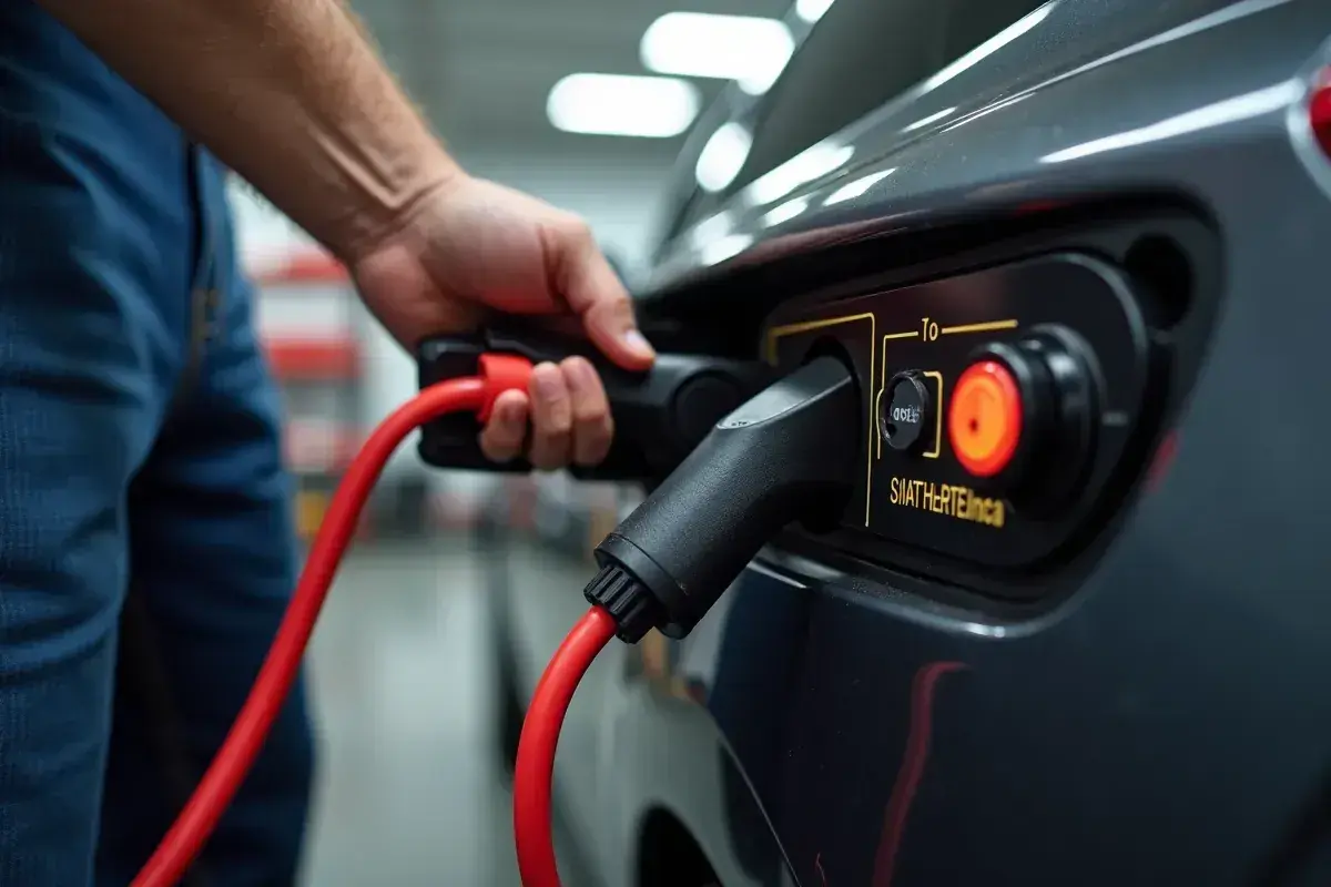 Ręka podłącza ładowarkę do samochodu elektrycznego, by naładować akumulator rozładowany do zera.