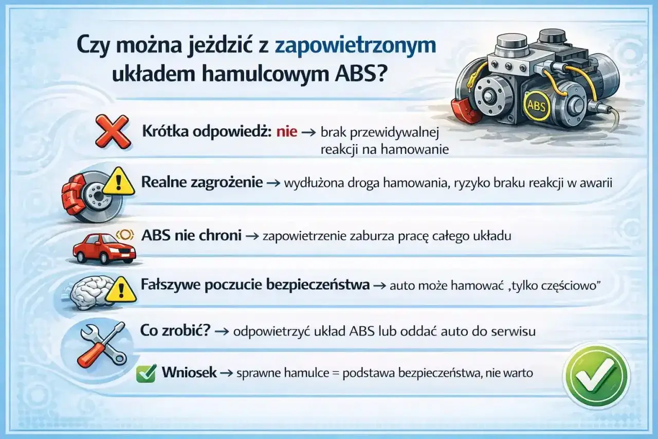 Zapowietrzone hamulce objawy: brak reakcji, wydłużona droga hamowania, ryzyko awarii. ABS nie chroni. Sprawne hamulce to podstawa bezpieczeństwa.