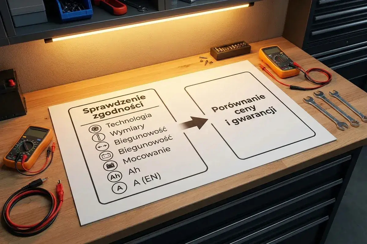 Wybierasz jaki akumulator do samochodu? Sprawdź zgodność i porównaj ceny. Narzędzia i multimetr na blacie.