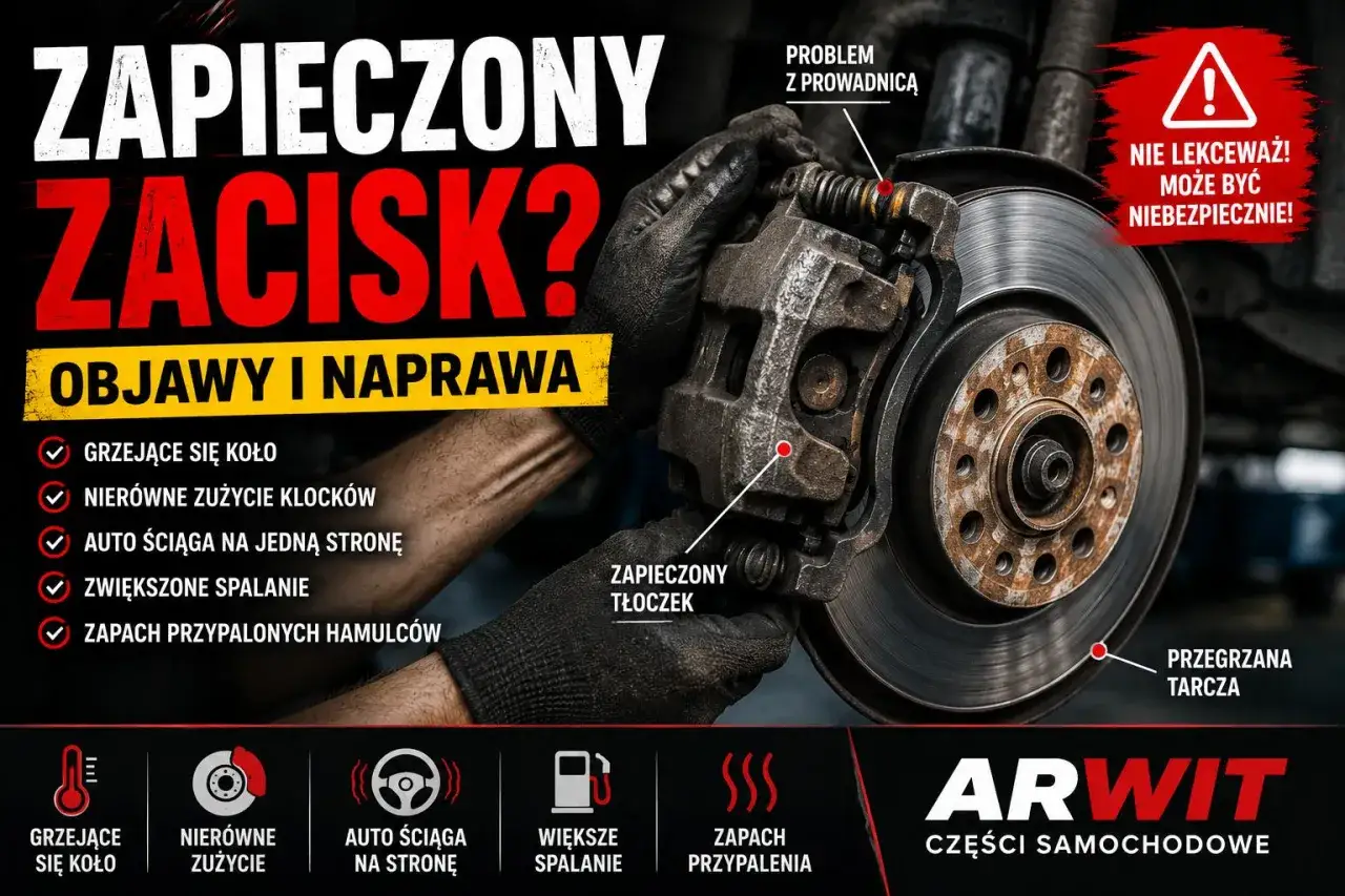 Zapieczony zacisk hamulcowy to poważny problem. Objawy to: grzejące się koło, nierówne zużycie klocków, ściąganie auta, większe spalanie i zapach palenia.