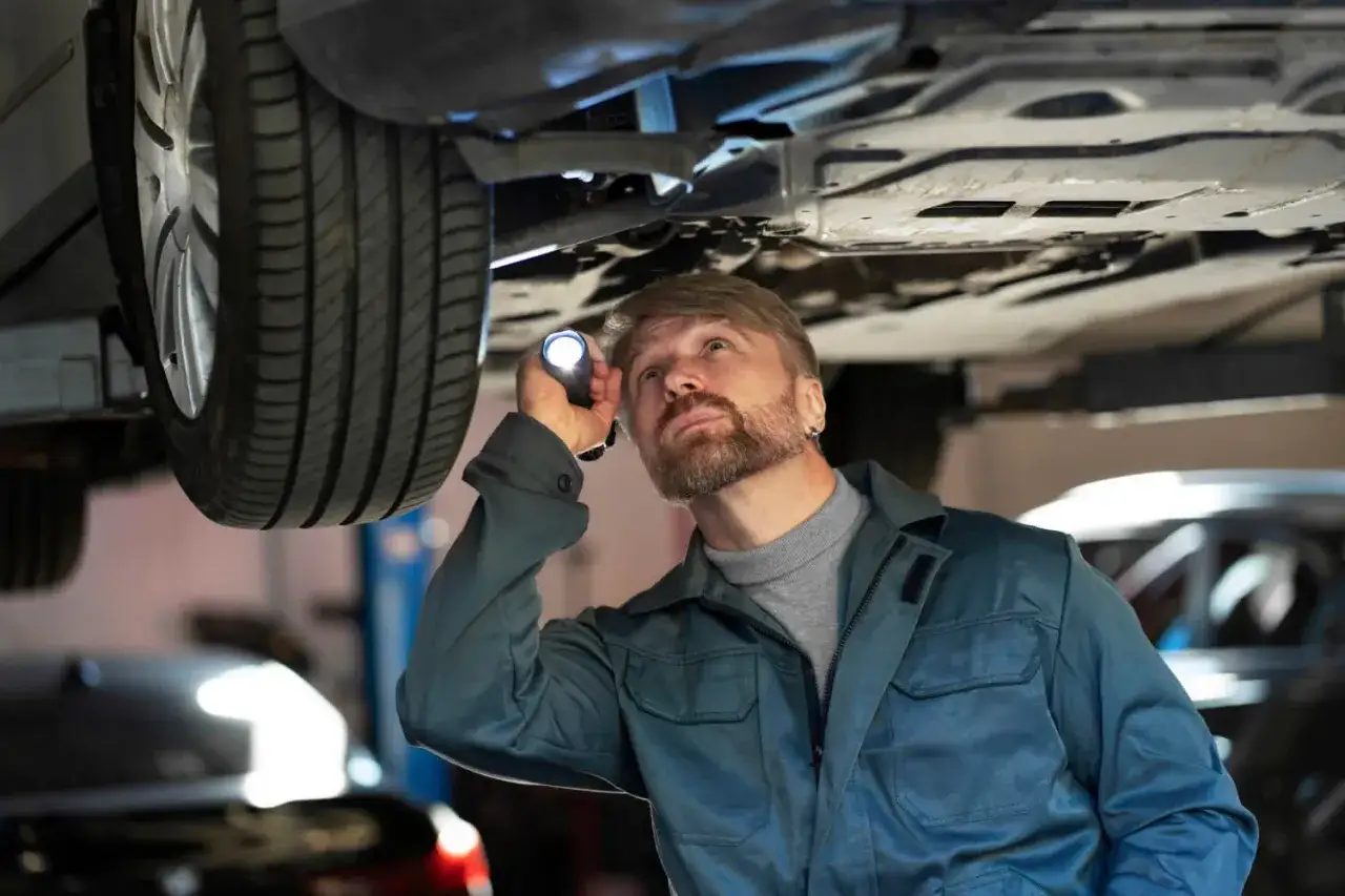 Mechanik bada podwozie auta, szukając uszkodzone jarzmo zacisku objawy.