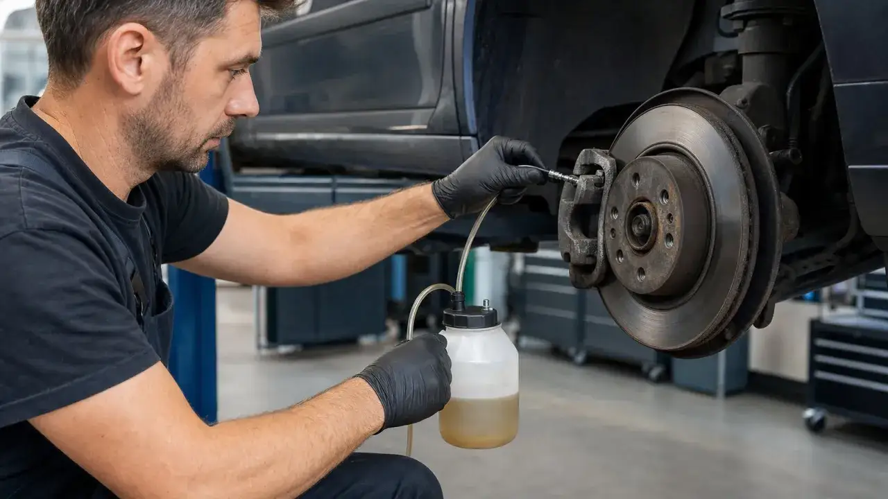 Mechanik w czarnych rękawiczkach przeprowadza wymianę płynu hamulcowego, podłączając wężyk do zacisku hamulcowego i zbierając zużyty płyn do pojemnika.