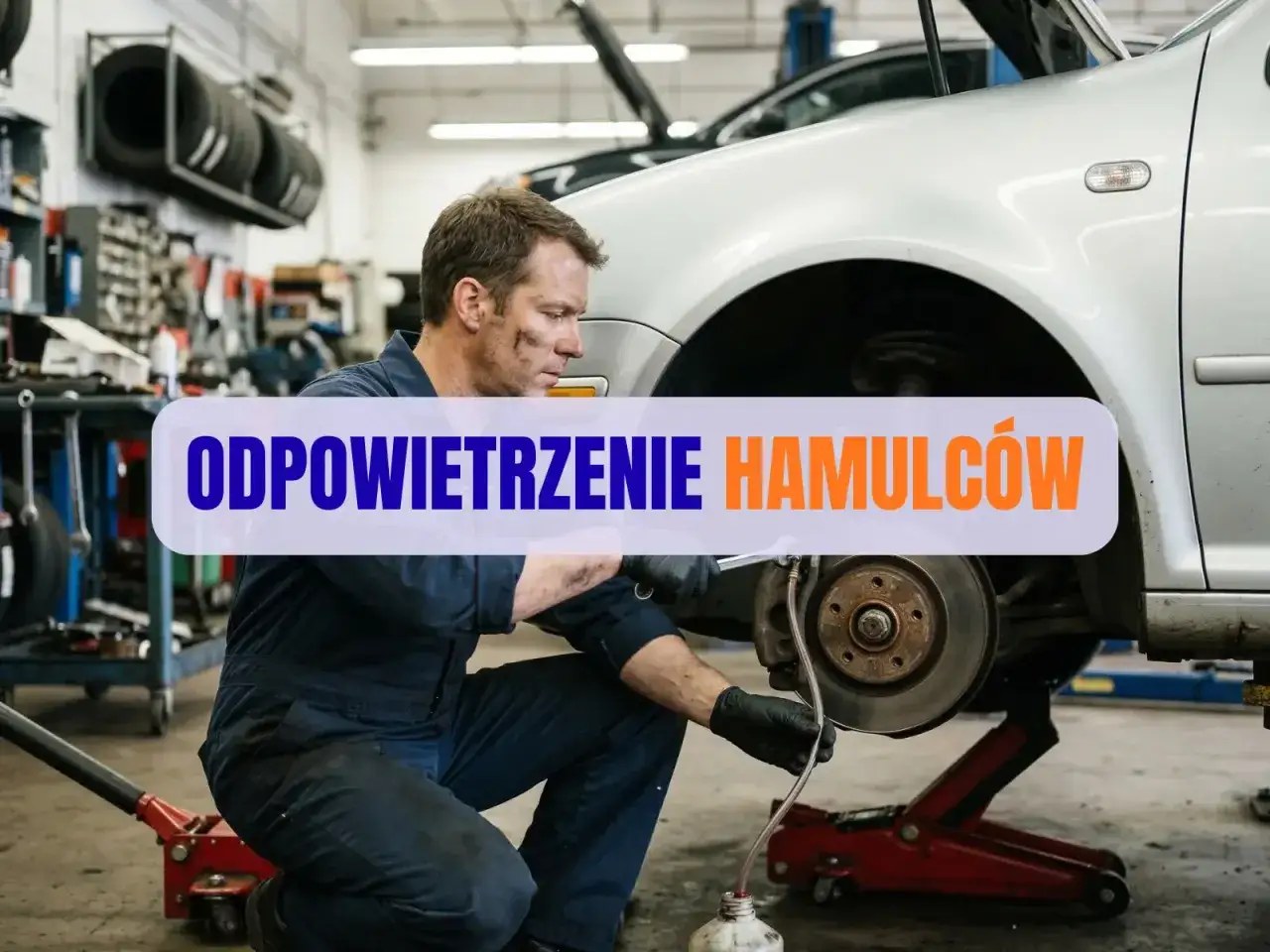 Mechanik wykonuje odpowietrzanie hamulców w samochodzie.