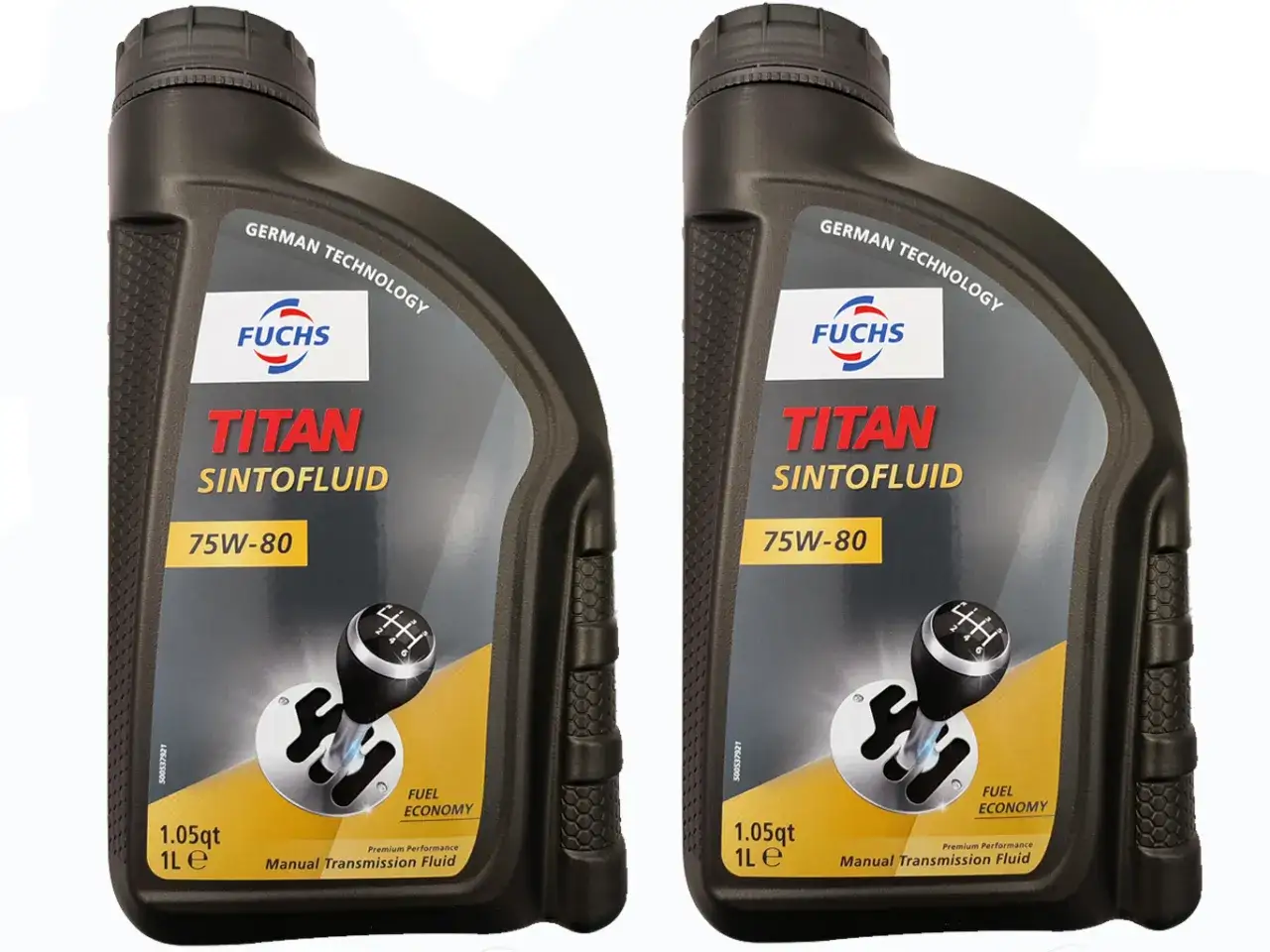 Dwa litrowe opakowania oleju FUCHS TITAN SINTOFLUID 75W-80 do manualnej skrzyni biegów. Idealny wybór, jaki olej do skrzyni biegów manualnej.