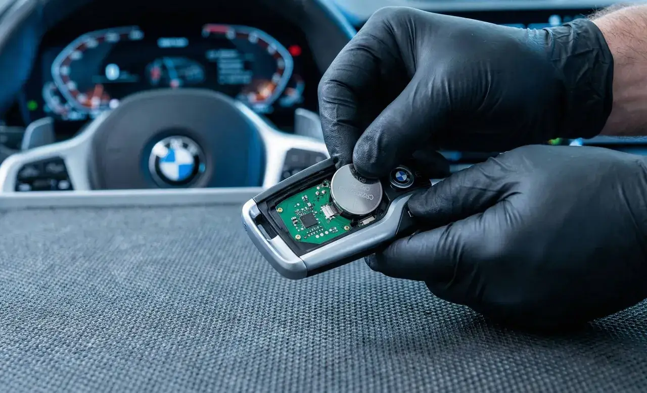 Rękawiczki ochronne ułatwiają wymianę baterii w pilocie samochodowym BMW.