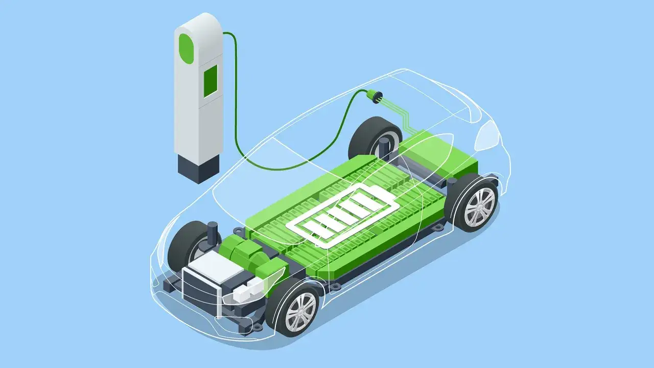 Schemat samochodu elektrycznego z widoczną baterią, podłączoną do ładowarki.