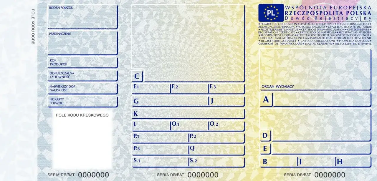 Fragment dowodu rejestracyjnego pojazdu, gdzie widoczna jest rubryka na wpisanie mocy silnika w dowodzie rejestracyjnym.