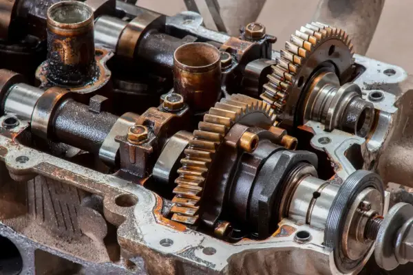 Widok mechanizmu zębatkowego, gdzie koło zmiennych faz rozrządu jest kluczowym elementem.