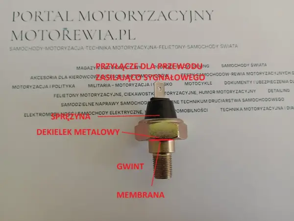 Czujnik ciśnienia oleju: metalowa obudowa, gwint, membrana i sprężyna pokazują, jak działa.